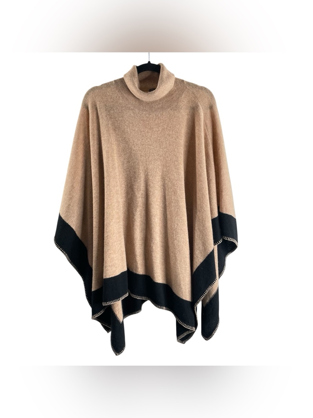 J MCLAUGHLIN Camel and Black Turtleneck Poncho Sweater $368